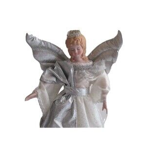 Roman RR ~14.5" Wht Angel Tree Topper Top Silver Wings Lace Porcelain Head Hands